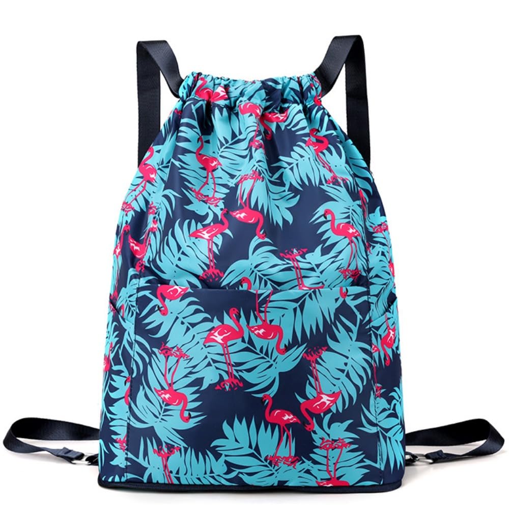 VOPZON Drawstring Foldable Large Capacity Dry-wet Travel Sports Backpack，Lightweight Travel Backpack (Blue flamingo)