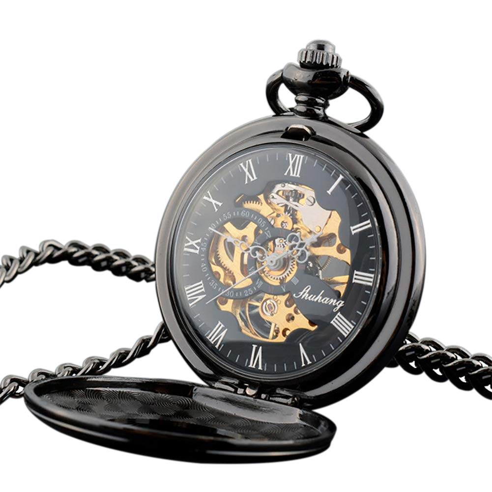Mens Pocket Watch and Chain Engraved Dial Skeleton Mechanical Pocket