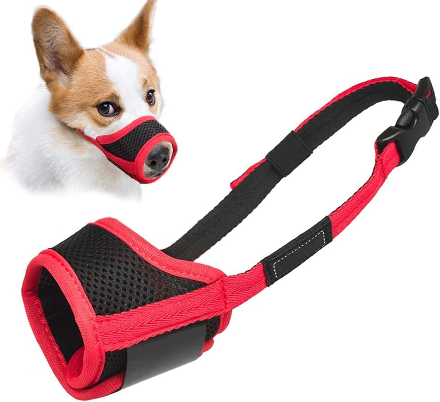 LUCKYPAW Dog Muzzle Anti Biting and Chewing with Comfortable Mesh Soft Fabric and Adjustable Strap, Suitable for Small, Medium and Large Dogs(Red Trim,XS)