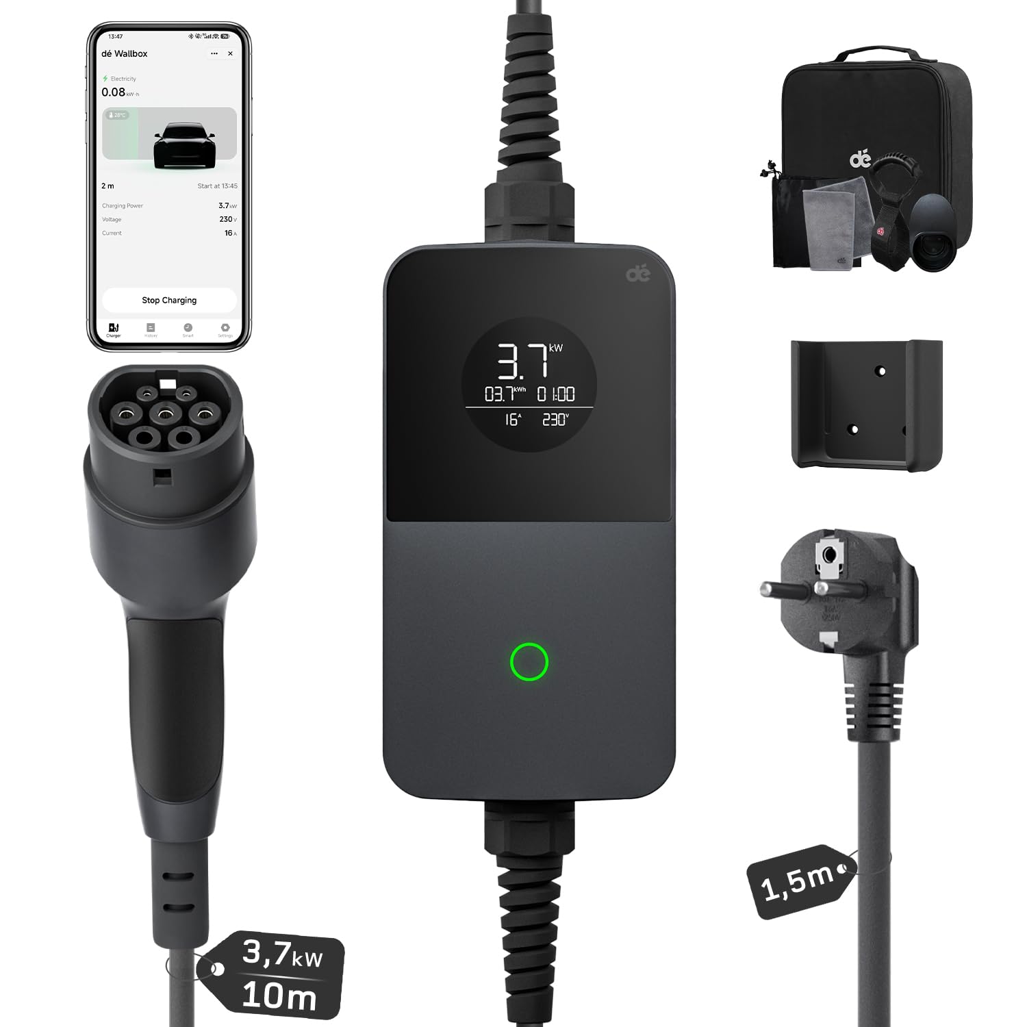 dé 3,7kW Typ 2 Ladekabel Schuko mit APP, EV Charger mit 10m Kabel, 6-16A | 11,5 m Kabel & Intelligente APP Steuerung, 6-16A Einstellbarer Ladestrom, IP65-Schutz, für Typ 2 EVs & PHEVs