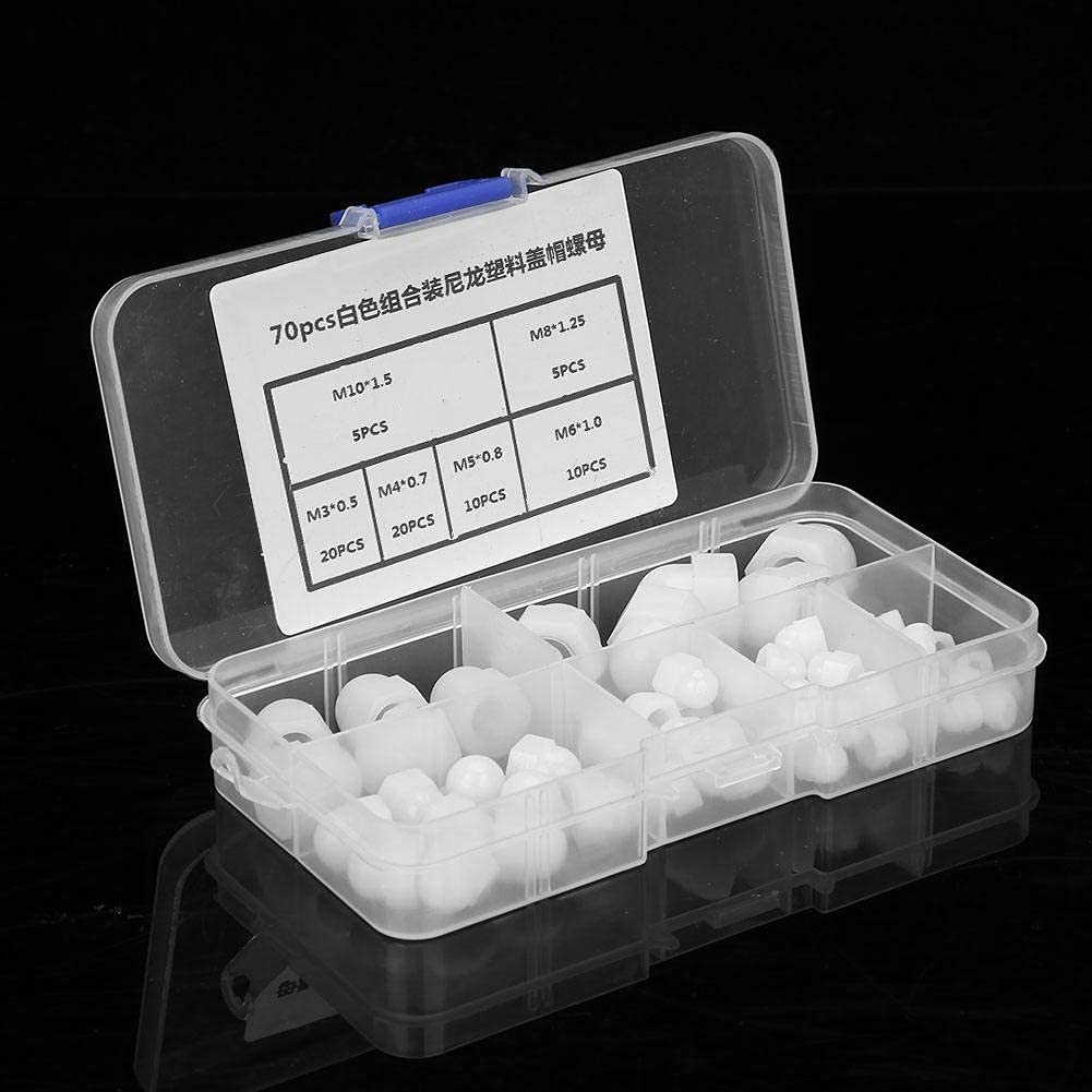 Set din Dadi, Kit Assortimento,Dado Esagonale, Tappo A Testa Bombata In Nylon,Dado Cieco A Forma di Dadi a Ghianda 70 Pezzi M3/m4/m5/m6/m8/m10 Bianca
