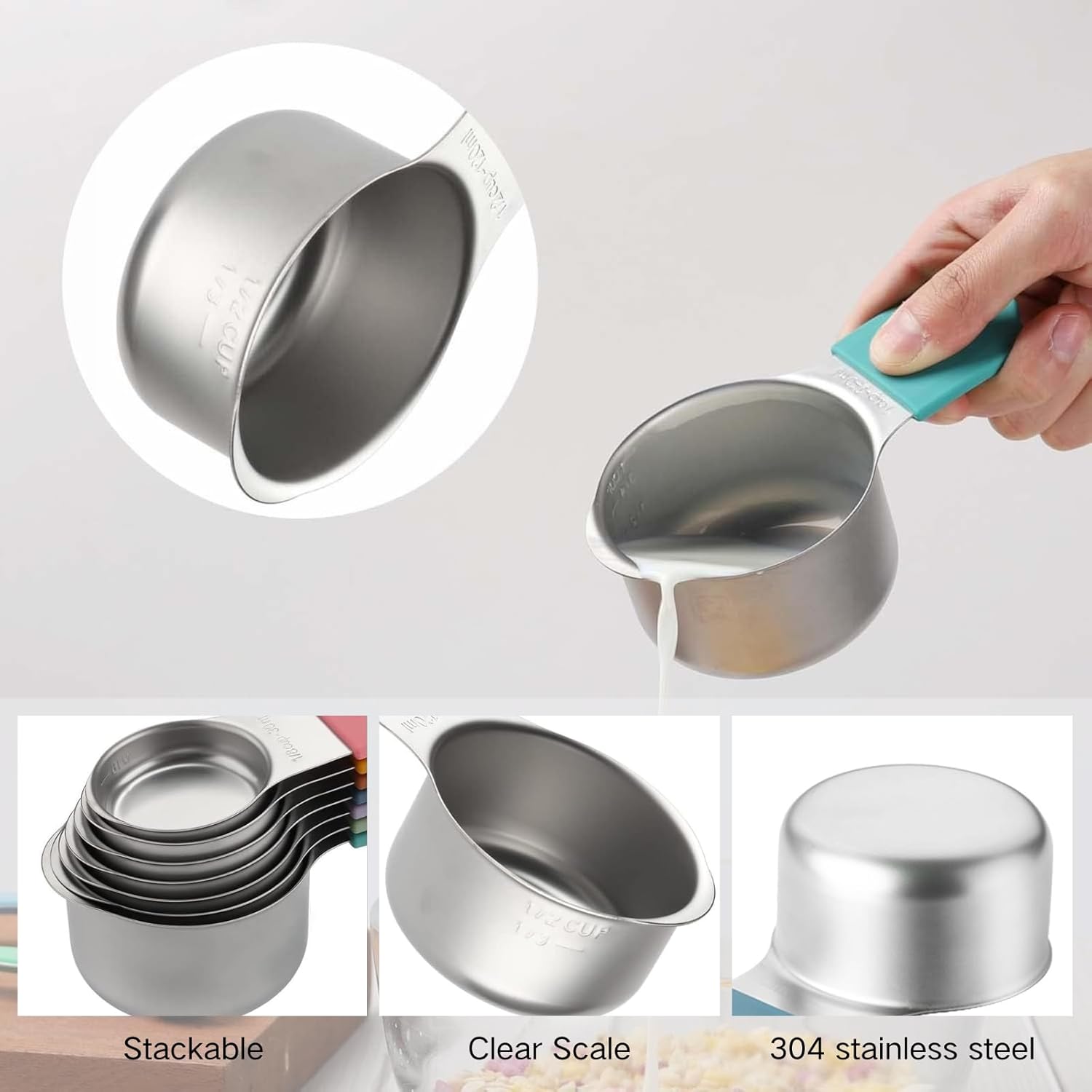 Magnetic Measuring Cups and Spoons Set 16Pcs, 304 Stainless Steel with Multicolor Silicone Handles, 7 Cups + 8 Spoons + 1 Leveler for Baking and Cooking