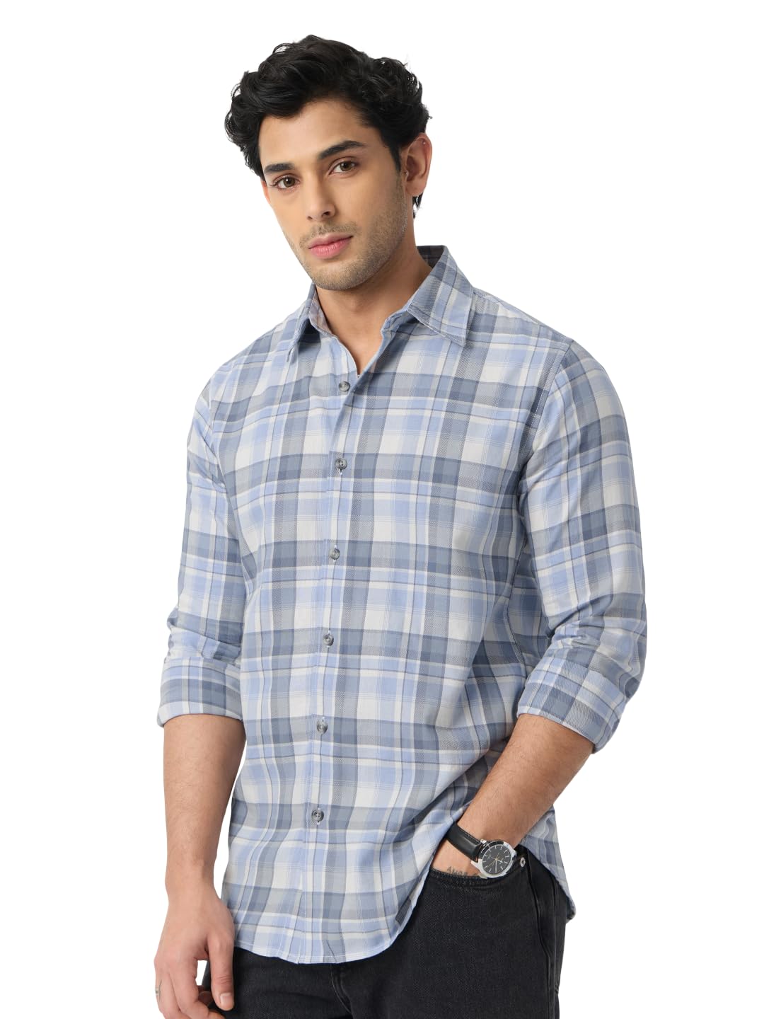 the souled store Plaid Shirt: Bluebell Men and Boys Long Sleeve Spread Collar Light Blue Checks Lightweight Easy to Style Everyday Office Wear Cotton Blend Casual Relaxed Shirt-picture-26