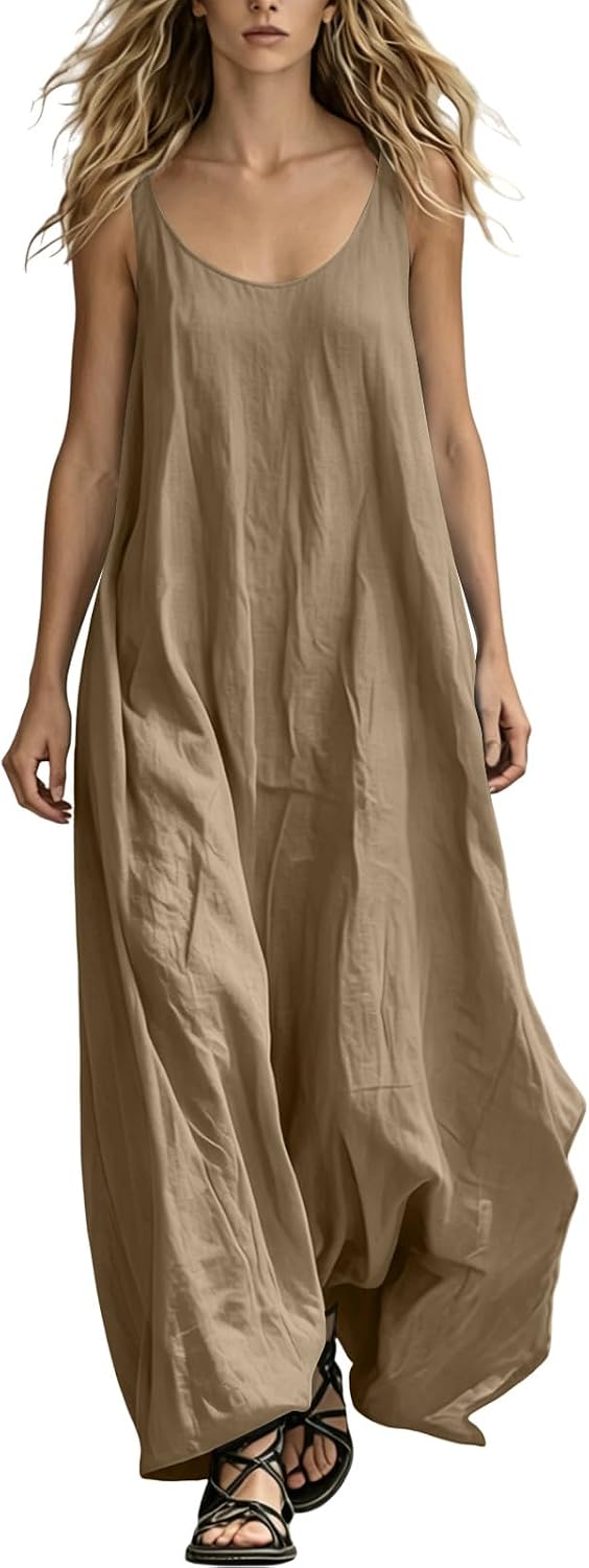 Women's Maxi Dress Scoop Neck Sleeveless Loose Fit Casual Beach Sundress