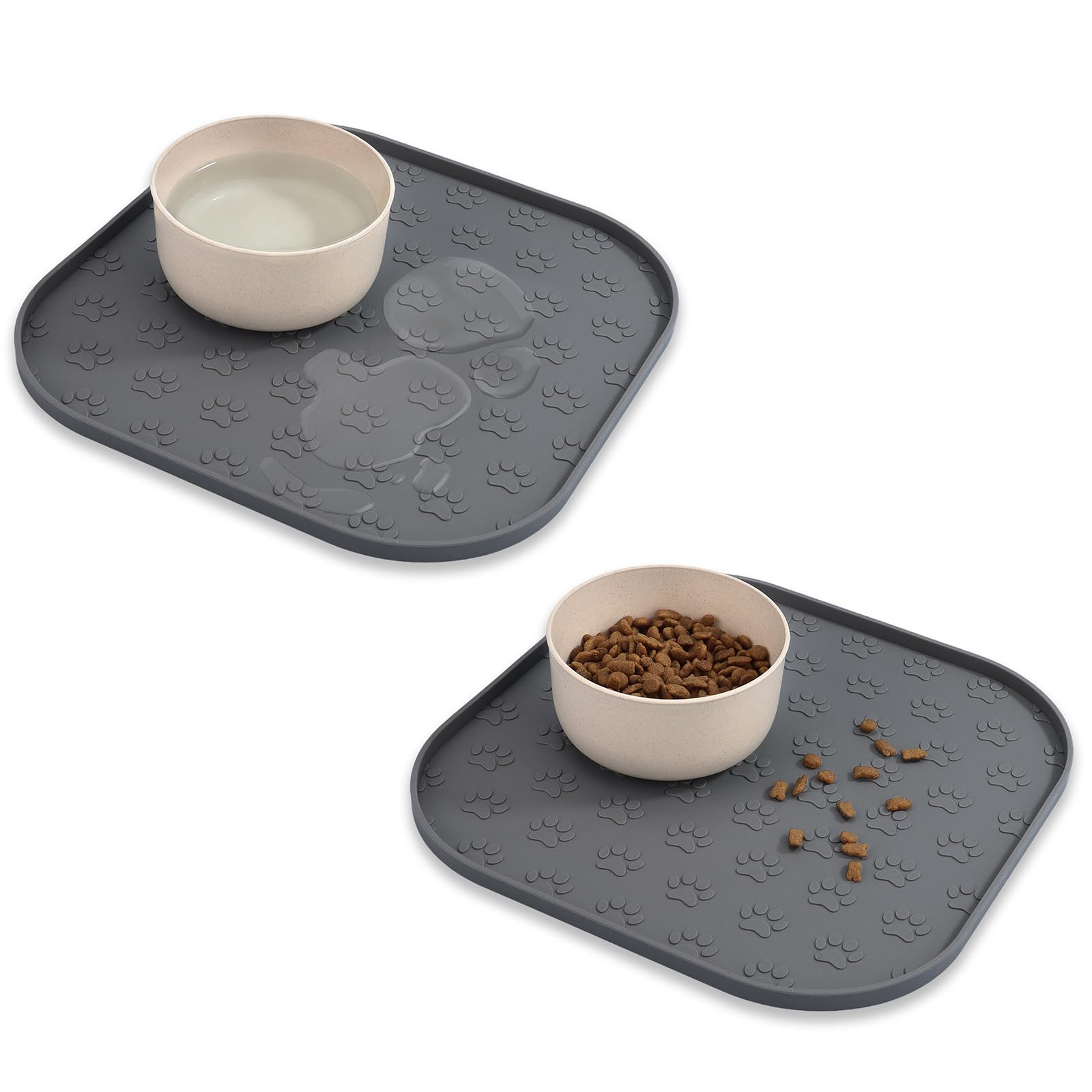 2 Pack Pet Feeding Mats, Waterproof Anti-slip Placemats for Dog Cat Bowl Silicone Pet Food Mat, Raised Edge Prevent Spills on Floor & Carpet, Dishwasher Safe (2 Grey, 28cm x 28cm)