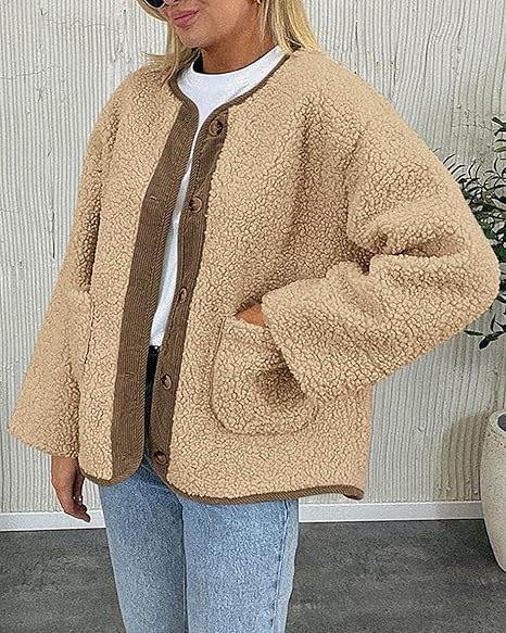 Women's Fuzzy Fleece Jackets Long Sleeve Button Down Fuzzy Sherpa Outerwear with Pockets