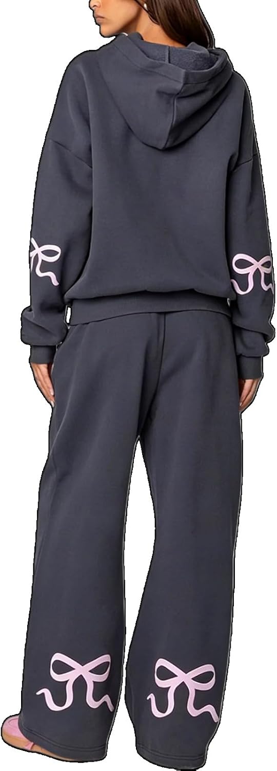 Women's Bow Print Long Sleeve Oversized Hoodie & Wide-Leg Sweatpants Set, Casual Matching Sweat Set Lounge Sets