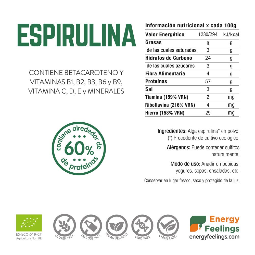 Energy Feelings Spirulina Eco - 1000 gr, 60% de Proteína, Proteína en Polvo Vegana y Ecológica, Rica en Vitaminas y Minerales, Sin Lactosa, Sin Gluten, Ideal para Sopas y Ensalada, Pack XXL