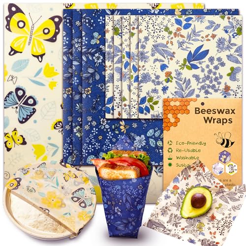 OHIYO Envoltura de cera de abeja reutilizable para alimentos, paquete de 9 papeles de cera de abeja de algodón orgánico (1XL + 3M + 5S), envoltura de sándwich de pan, adecuado para cuencos, frutas