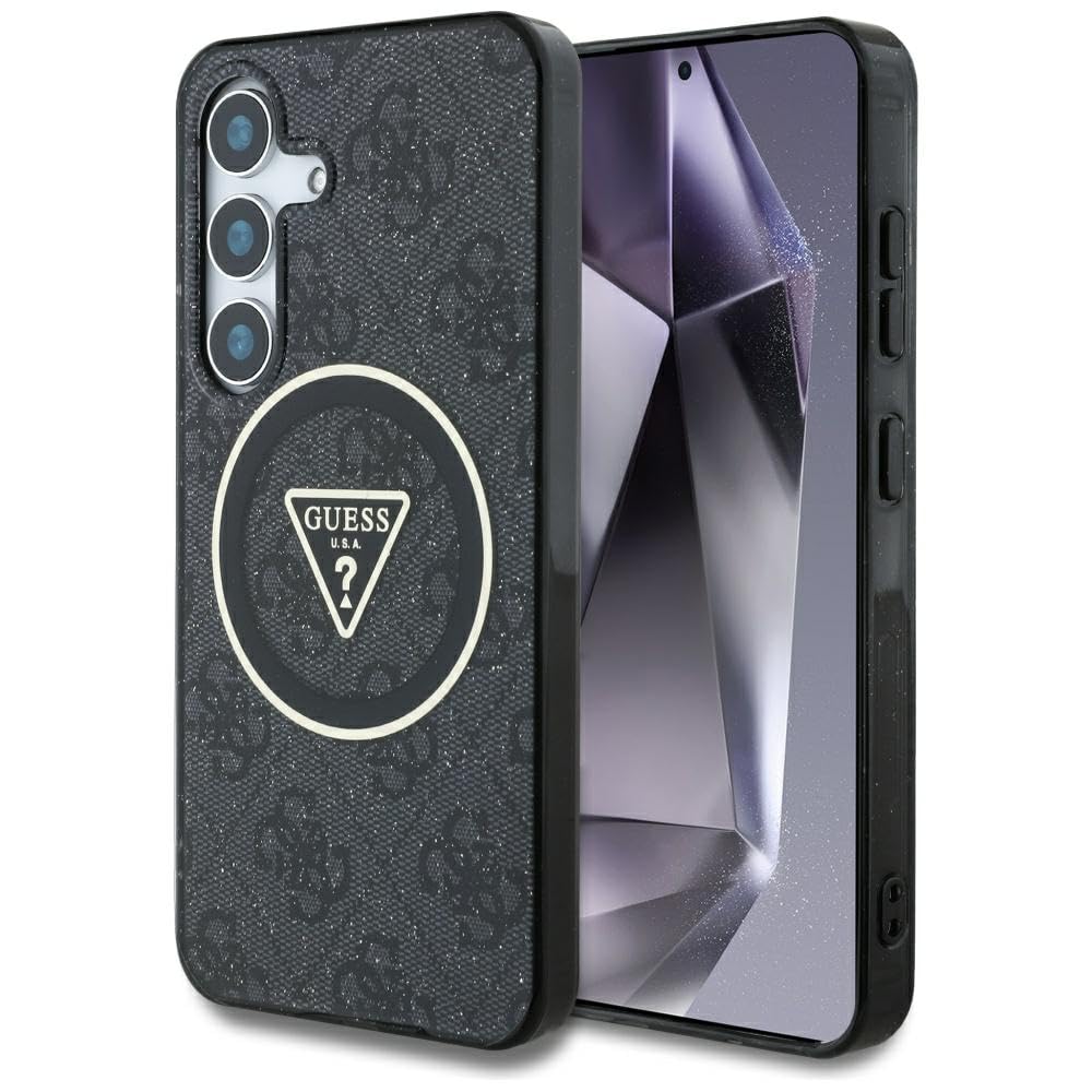 CG MOBILE Unter Lizenz Guess Hülle für S25+ Schwarz 4G Glitter Triangle Buttons kompatibel mit MagSafe