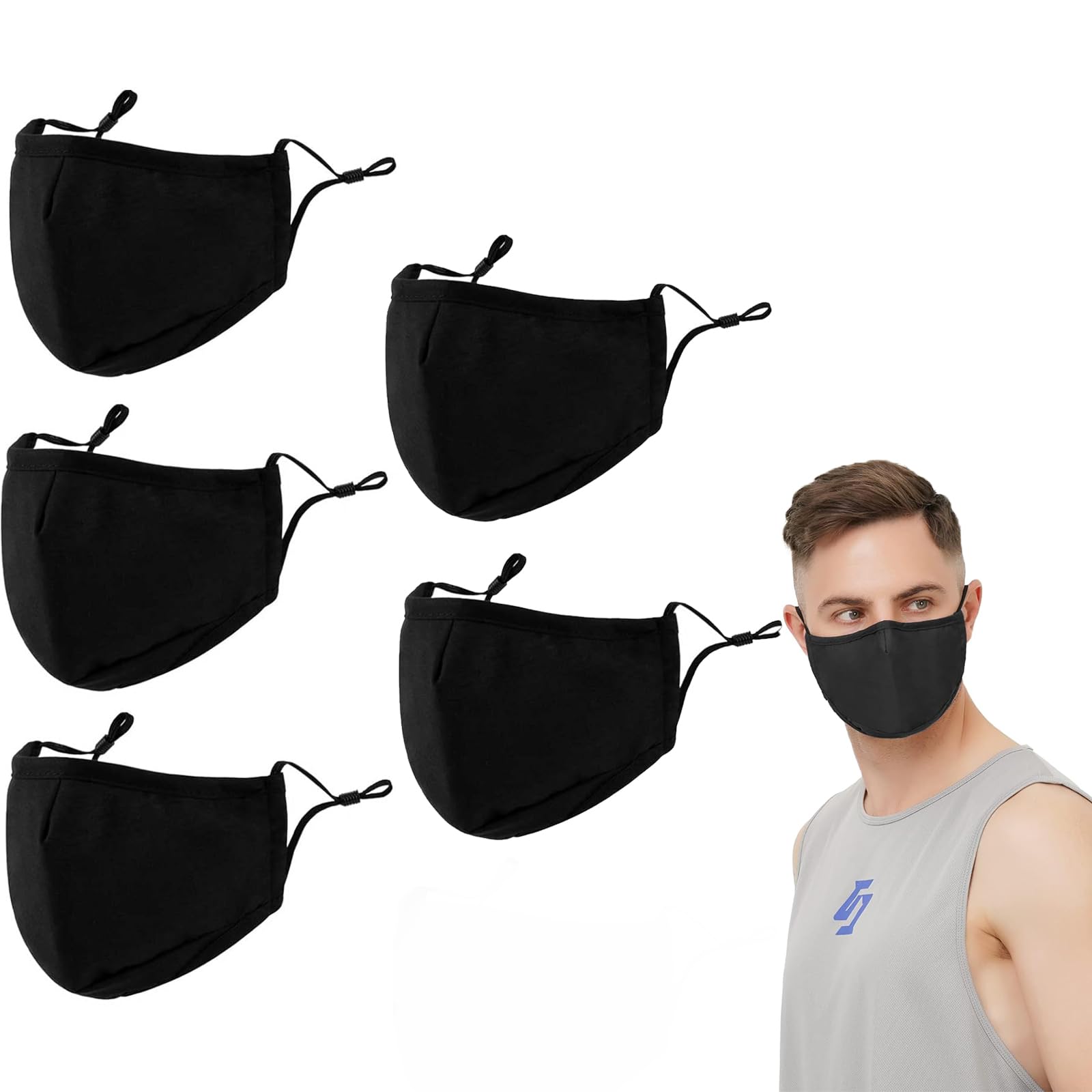 ToolHouse 5 Pack Reusable Cloth Face Mask, Breathable Face Covering Adjustable Washable, Black Nose Curved Face Cover, for Unisex Men and Women