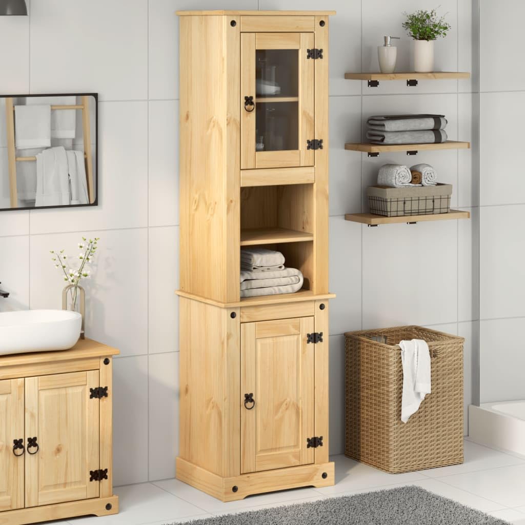 Armario de baño Corona 50 x 40 x 185 cm de madera maciza de pino con asas de metal y amplio espacio de almacenamiento para cuarto de baño