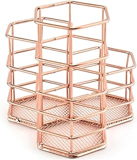 Sqxaldm Rangement de Bureau Hexagonal en or Rose Pinceau en Pot Creux Hexagonal pour Porte Crayon Panier de Rangement Bureau Ranger Rose Gold Porte Stylo Pinceau de Maquillage Panier de Rangement