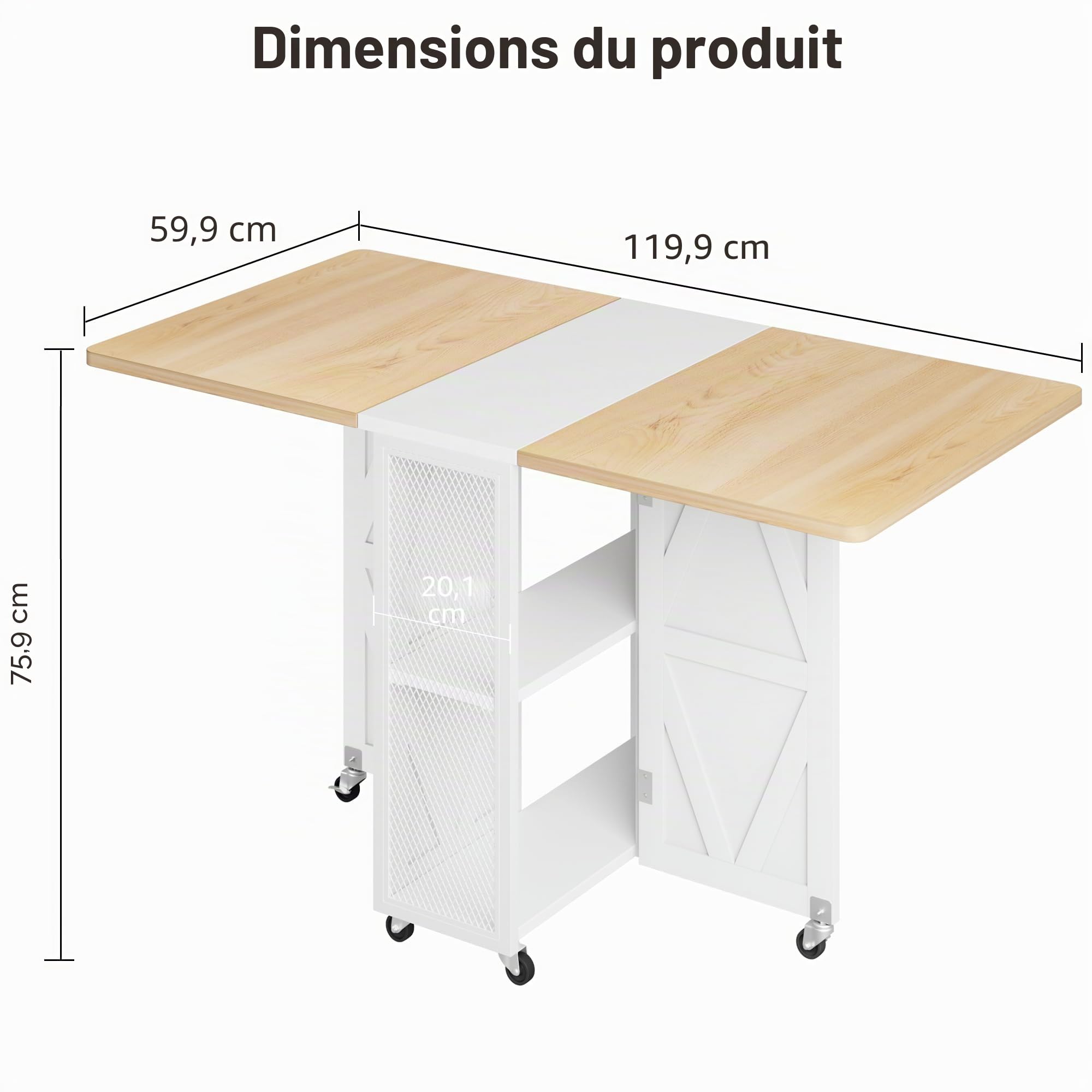 Jocoevol Table à Manger Pliante sur roulettes, Gain de Place pour 2-4 Personnes, avec Niche et Étagères Ouvertes, Idéale Petit Espace Cuisine Salle à Manger, 120x60 cm, Érable et Blanc