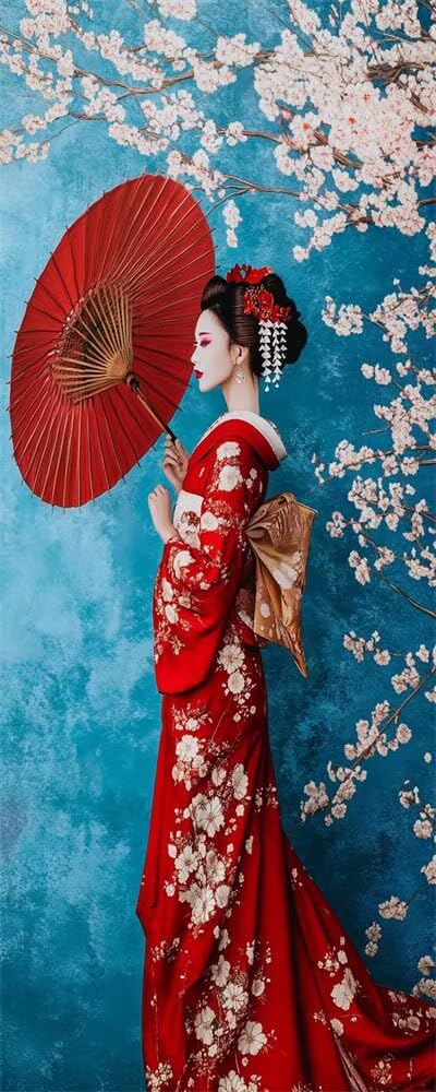 Diamond Art Painting Kits for Adults 25x50cm, 5D Large Diamond Painting Japanese Woman Full Round Drill Gem Art Cherry Blossoms Crystal Cross Stitch Paint by Numbers for Home Wall Decor -LR1099