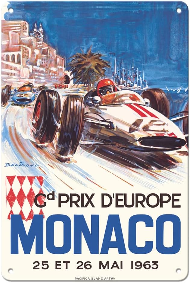 Monaco Grand Prix Europe (Gd Prix D’Europe) - Vintage Car Racing Poster by Michel Beligond c.1963-8 x 12 inch Vintage Metal Tin Sign