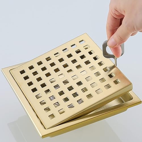 Miniatura 7 de RANDOM Drenaje de Ducha Dorado Cepillado Cuadrado de 6 Pulgadas con Rejilla de Parrilla y Colador de Pelo Removible, Desagüe de Ducha de Acero