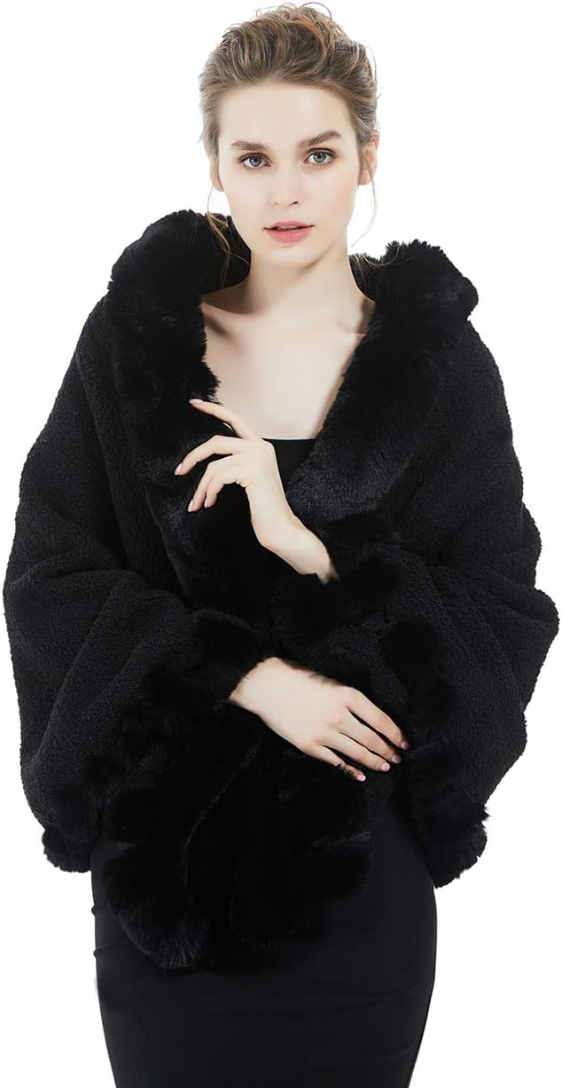 BEAUTELICATE Women Faux Fur Shawl Bridal Cape Wedding Faux Lambs Wool Shrug
