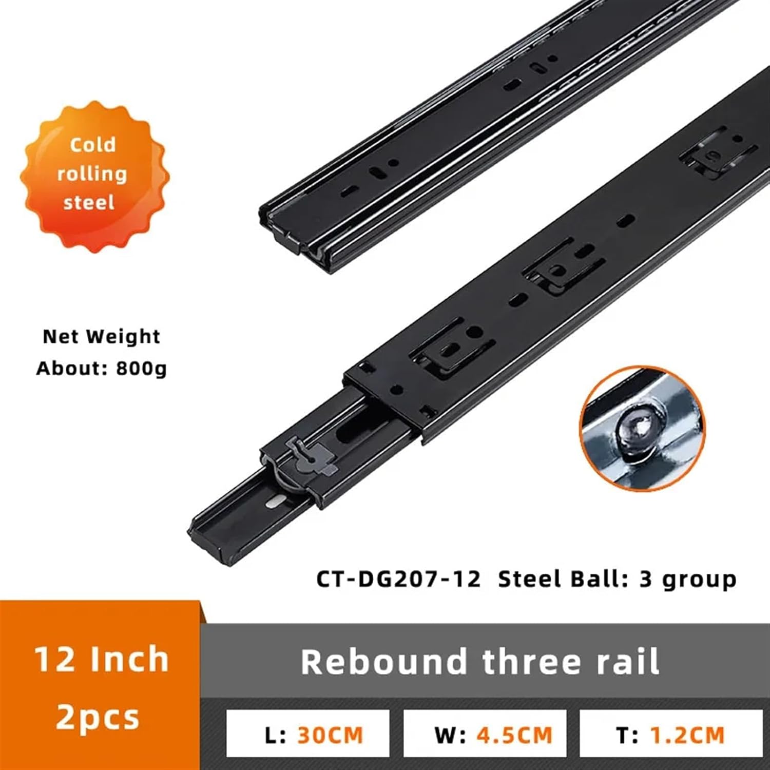 Side Mount Cabinet Runners Glides 3 Way Drawer Tracks Press Rebound Slide Rail Sliding Track Three Section Slides Cold Rolled Steel Or Stanless(DG207 12 Inch)