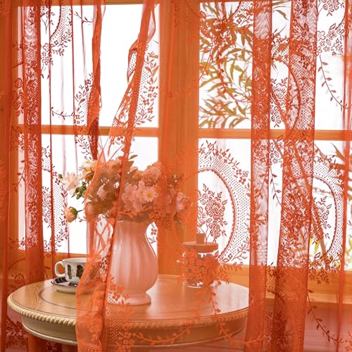 LOHUT Lot de 2 rideaux en dentelle orange pour salon, 213,4 cm de long, style bohème transparent avec dentelle florale, style vintage, passe-tringle, 132 x...