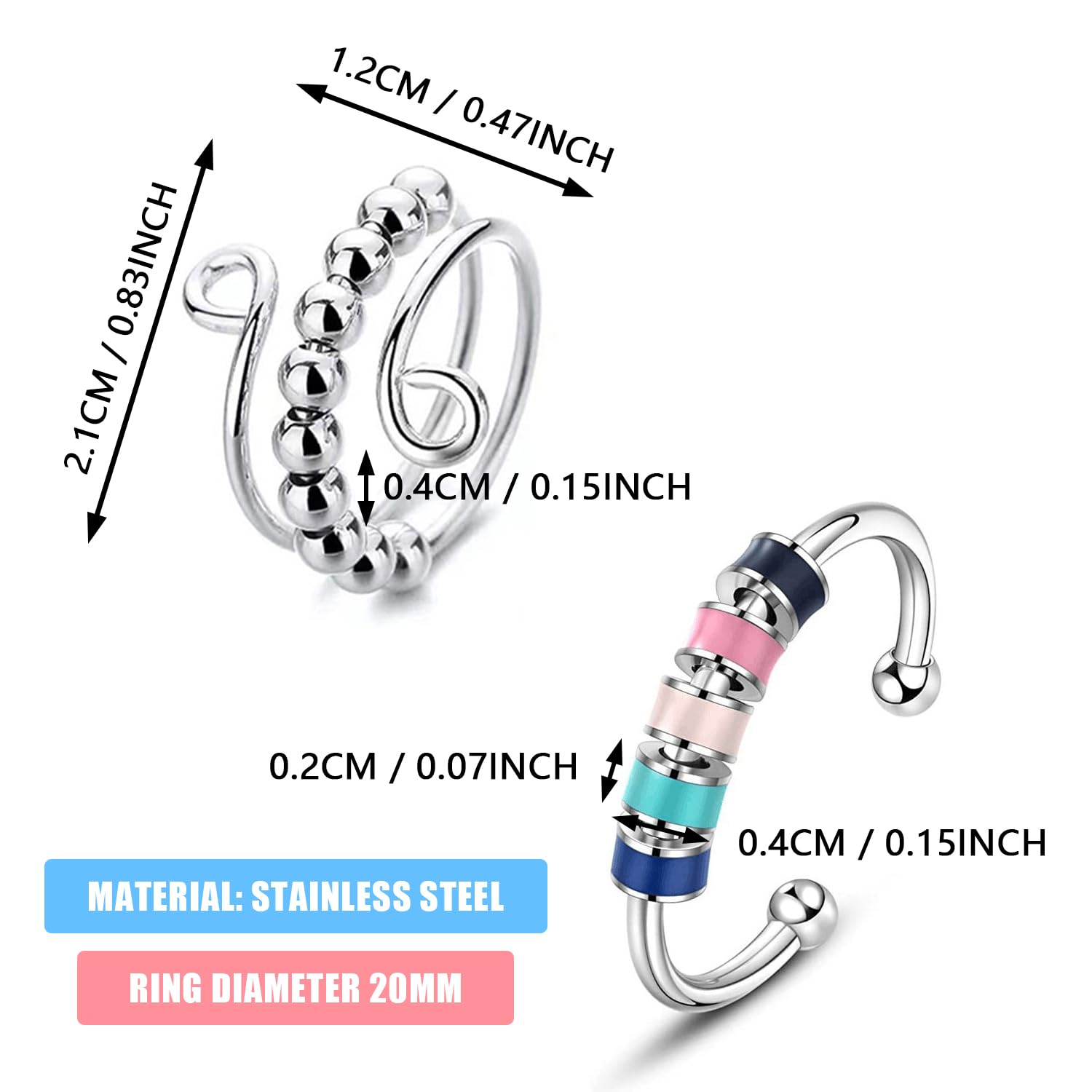 Lot De 6 Bagues Anti-stress Ajustables En Acier Inoxydable - Avec Perles Tournantes - Multicolore