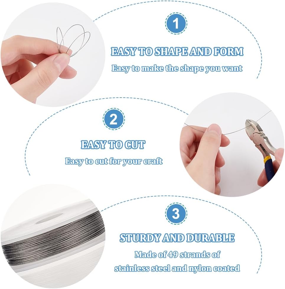 BENECREAT 49 Strands Bead String Wire (0.017 inch/0.46mm, 49FT) Nylon Coated Stainless Steel Beading Wire for Necklace Bracelet Making, Gray