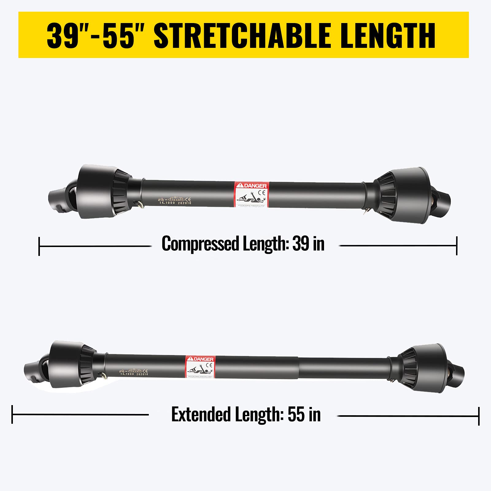 VEVOR PTO Shaft 1 3/8" PTO Drive Shaft, 6 Spline End Round End PTO Driveline Shaft, Series 4 Tractor PTO Shaft, 39"-55" Brush Hog PTO Shaft, Black PTO Shaft for Bush Hog/Finish Mower/Rotary Cutter