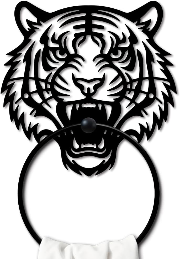 MAYJOYDIY Roaring Tiger Metal Towel Ring Round Forest Animal Hand Towel Holder Beast Ring Hanger Wall Mount Black Vintage Towels Wall Organizer for Kitchen Bath Home Laundry Room Decors Gifts