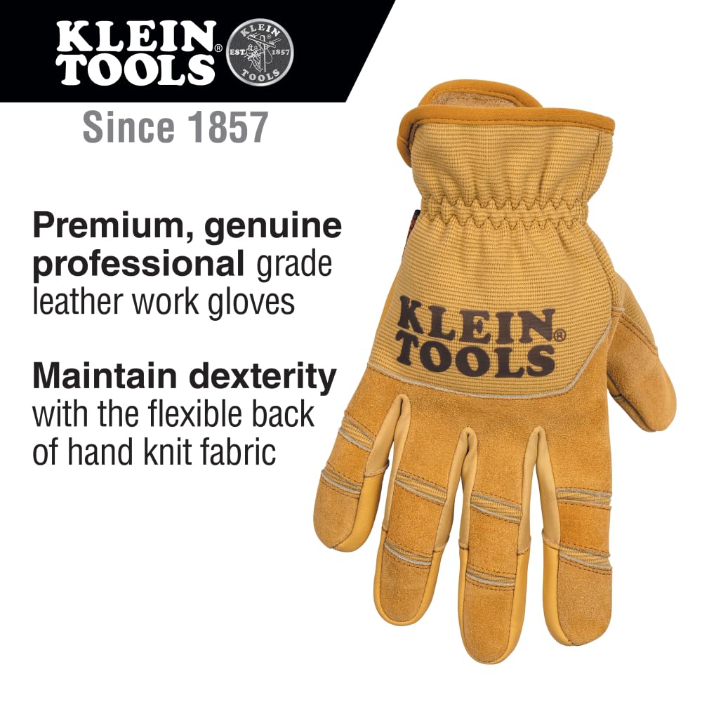 Klein Tools 60609 Work Gloves, All Purpose Premium Leather Gloves, Abrasion-Resistant, Heavy-Duty, for Wire Pulling Work, X-Large