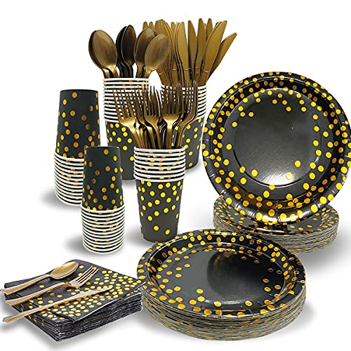 2025 Graduation Party Supplies Tableware Set Decorations Black and Gold party Supplies 350 Pcs Disposable Paper Plates Napkins Gold Fork Knives Spoon, Serves 50