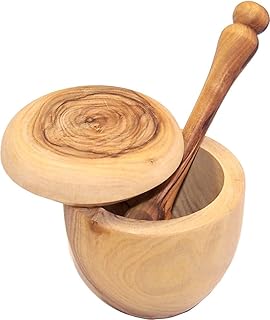 Holy Land Market Olive wood Salt Cellar with Olive wood long Spoon set (3 Inch Cellar and 5 Inches spoon) - Asfour Outlet Trademark