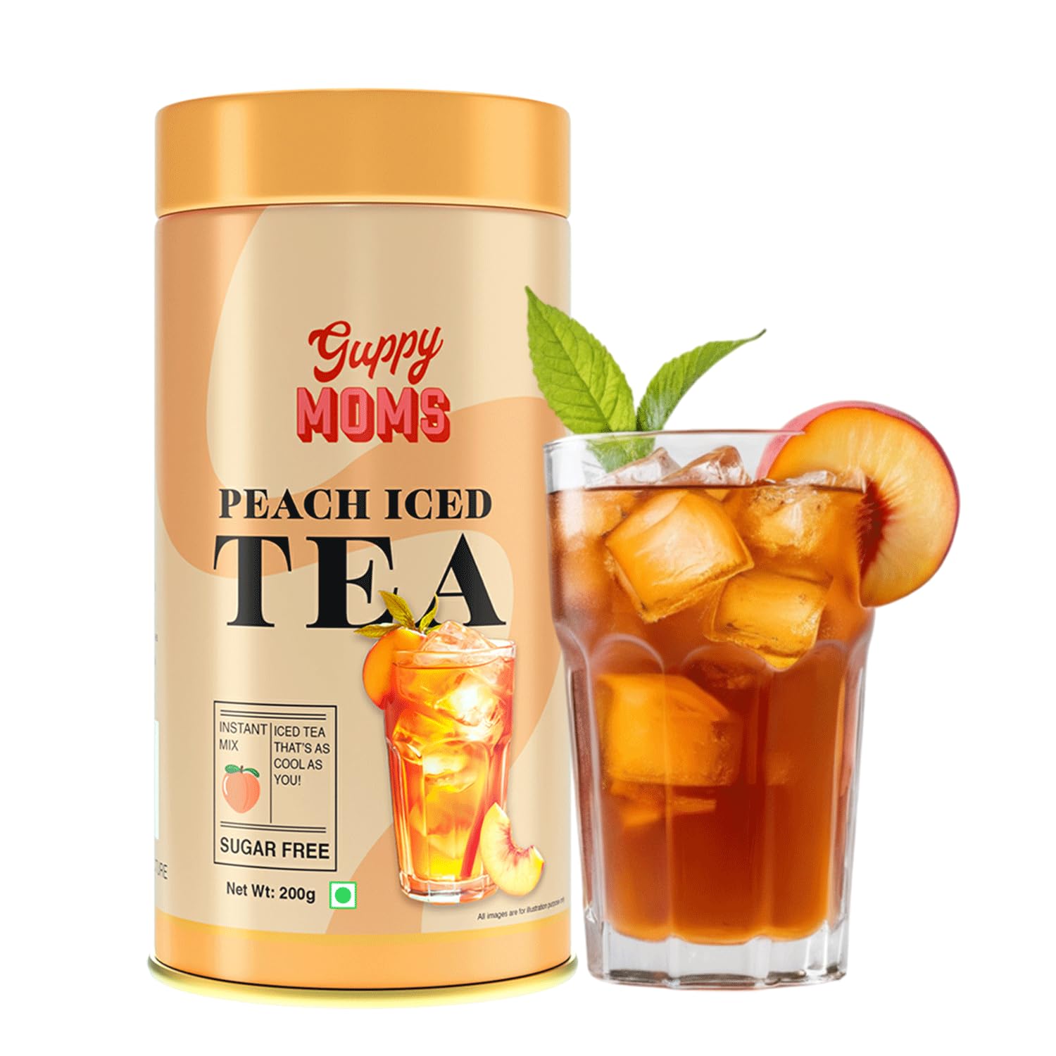 Guppy Moms Sugar-Free Peach Iced Tea Mix, Low-Calorie Fruit Drink Powder, Natural Energy Beverage, Premium Mixer, 200g, Makes 20 Servings