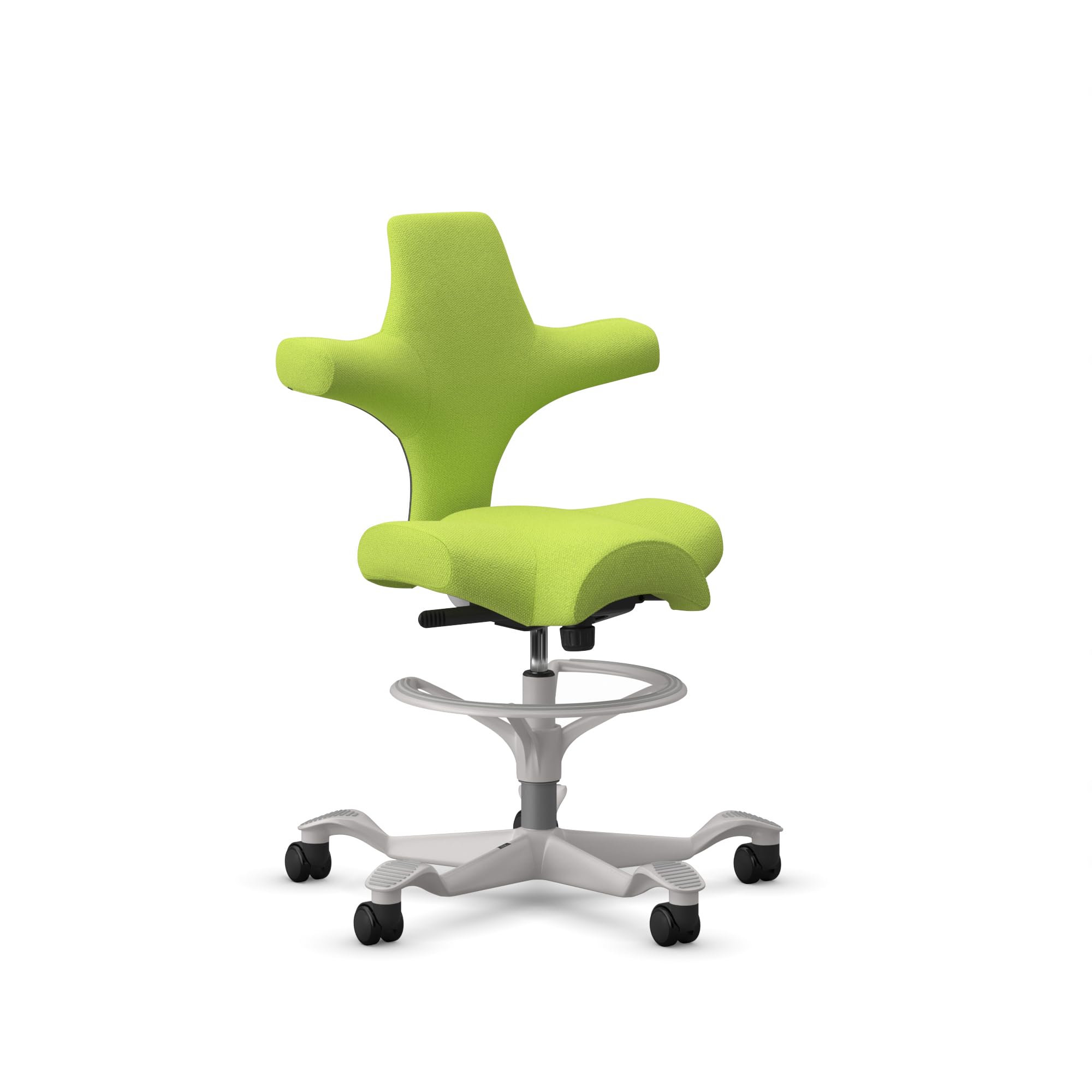 HAG Capisco Sit to Stand Chair-Silver Frame-Upholstered Bright Green-with Foot Ring