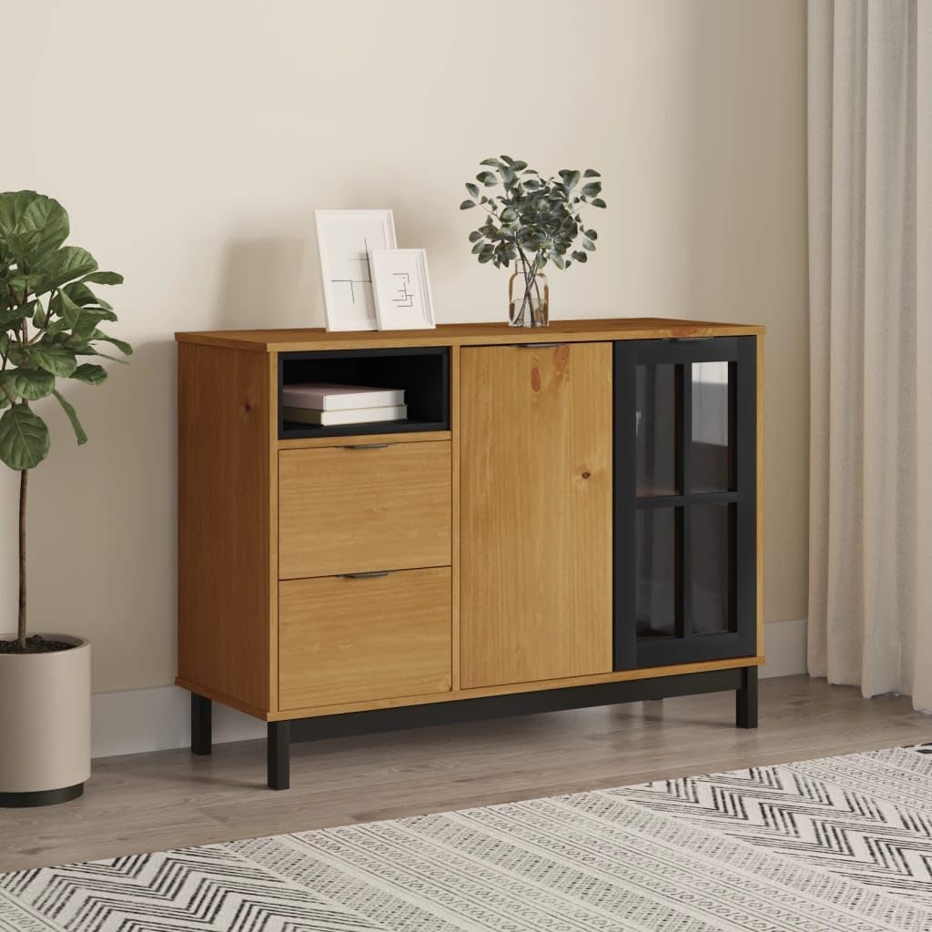 Rustic Oak Finish Sideboard with Two Drawers and Shelving for Living Room Kitchen Bedroom Storage Organizer Solid Pine Wood Furniture
