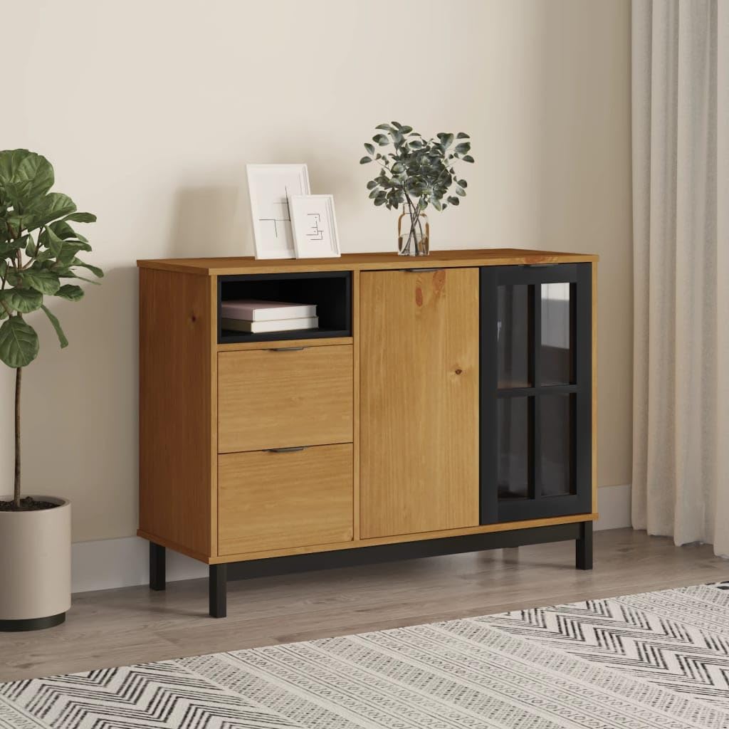 Komoda ze szklanymi drzwiami FLAM 110 x 40 x 80 cm, lite drewno sosnowe, salon, korytarz, jadalnia, solidne wzornictwo, miejsce do przechowywania, drewniane nogi, drzwi drewniane i szklane