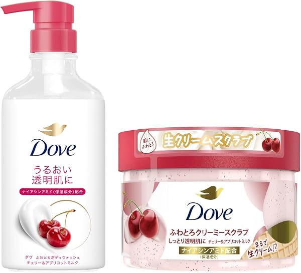 【セット】Dove(ダヴ) ボディソープ ふわとろボディウォッシュ チェリー&アプリコットミルク 450g+スクラブ チェリー&アプリコットミルク クリーミースクラブ ボディ 本体 298g 角質ケア 黒ずみ 透明感 - 1