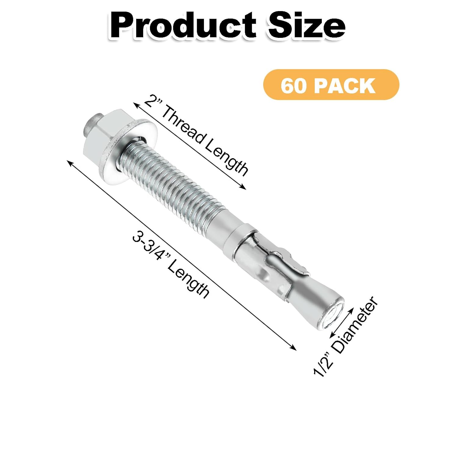 60 PCS 1/2" x 3-3/4" Concrete Anchors - Standard Heavy Duty Cement Anchor Bolts for Concrete - Metal M12 Expansion Concretes Fasteners Wall Anchors Cement
