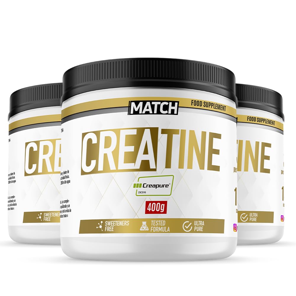 MATCH Creatina Monohidratada CREAPURE® Micronizada 1.2Kg sin sabor (3x400 gramos). 99.9% Pura Creatina Monohidrato CREAPURE® (No-GMO, Vegano, Sin Gluten). Masa Muscular y Rendimiento (1200 gr)