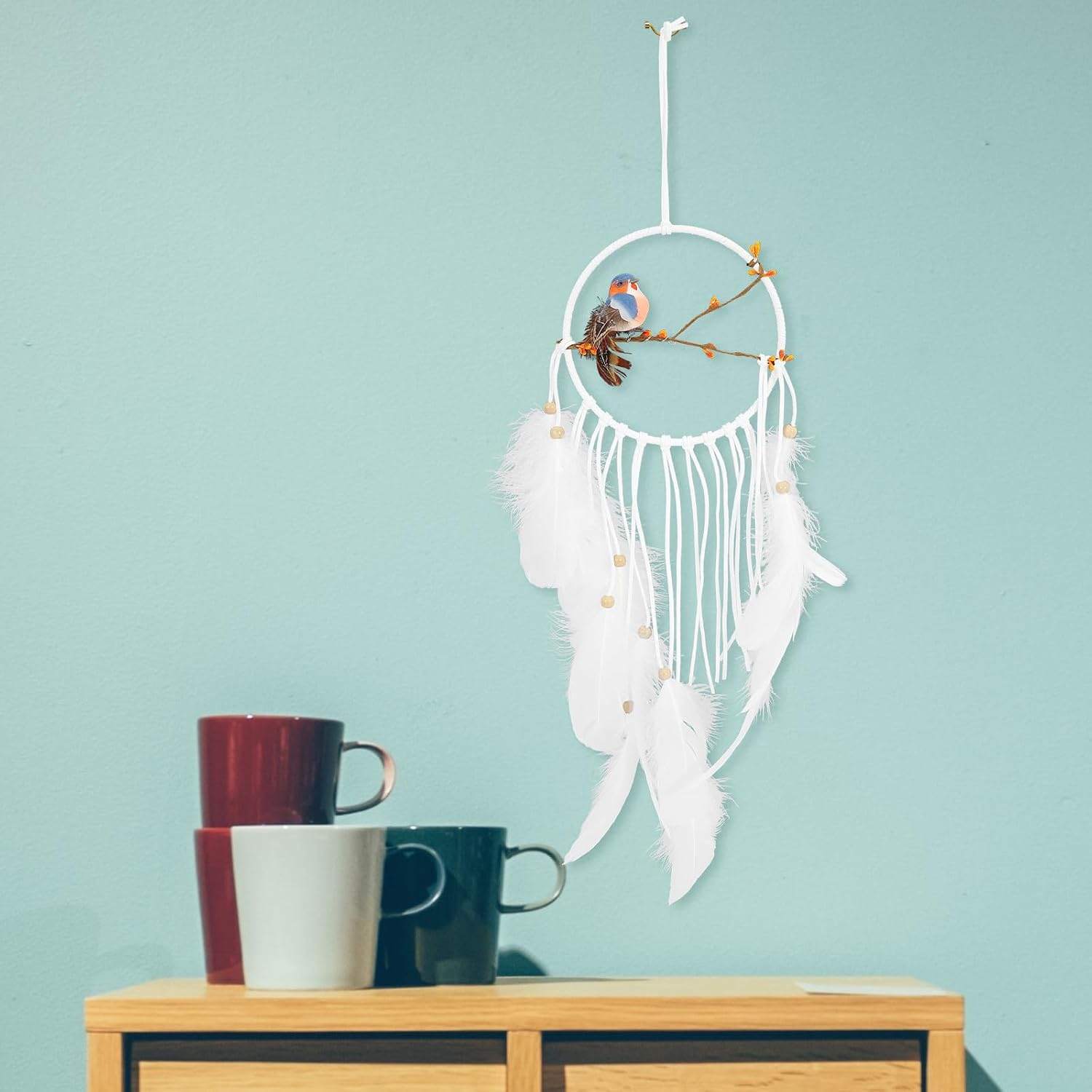 Cabilock Macrame Dream Catcher Wall Hanging Tassel Pendant White Lovebird Woven Boho Home Décor for Bedroom and Living Room