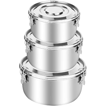 Stainless Steel Container with Lid 3 Pack 304 Stainless Steel Lunch Box 660 ml/1040 ml/1590 ml Food Container Children Leak-proof Tin Snack Box Lunch Box for Snacks Fruit Cereal Soups