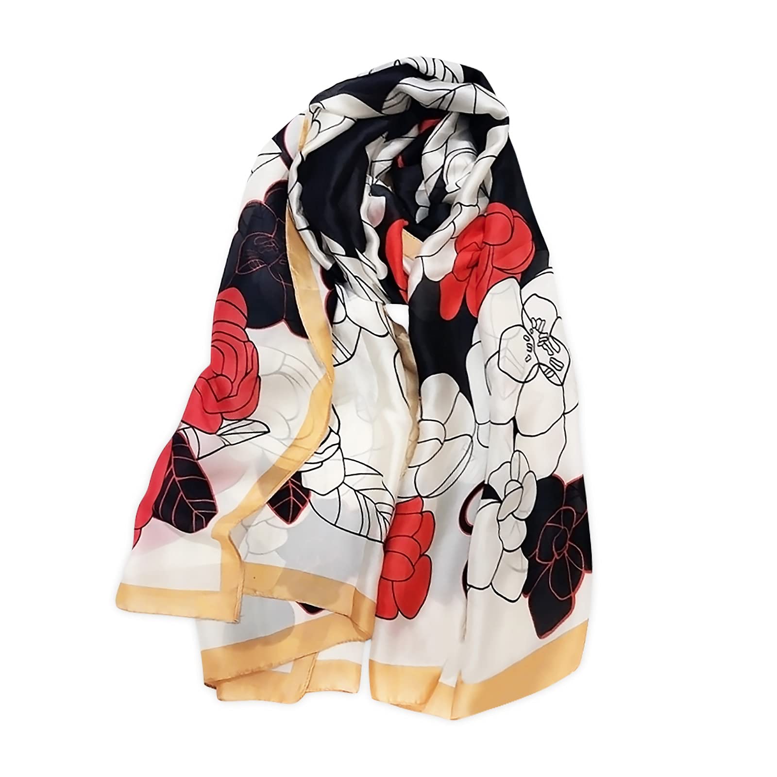 Lumisyne Women's Camellia/Red Silk Scarves Artistic Ink And Wash Painting Elegant Floral Printed Long Shawl Soft Wrap Sunscreen Shawl All Season