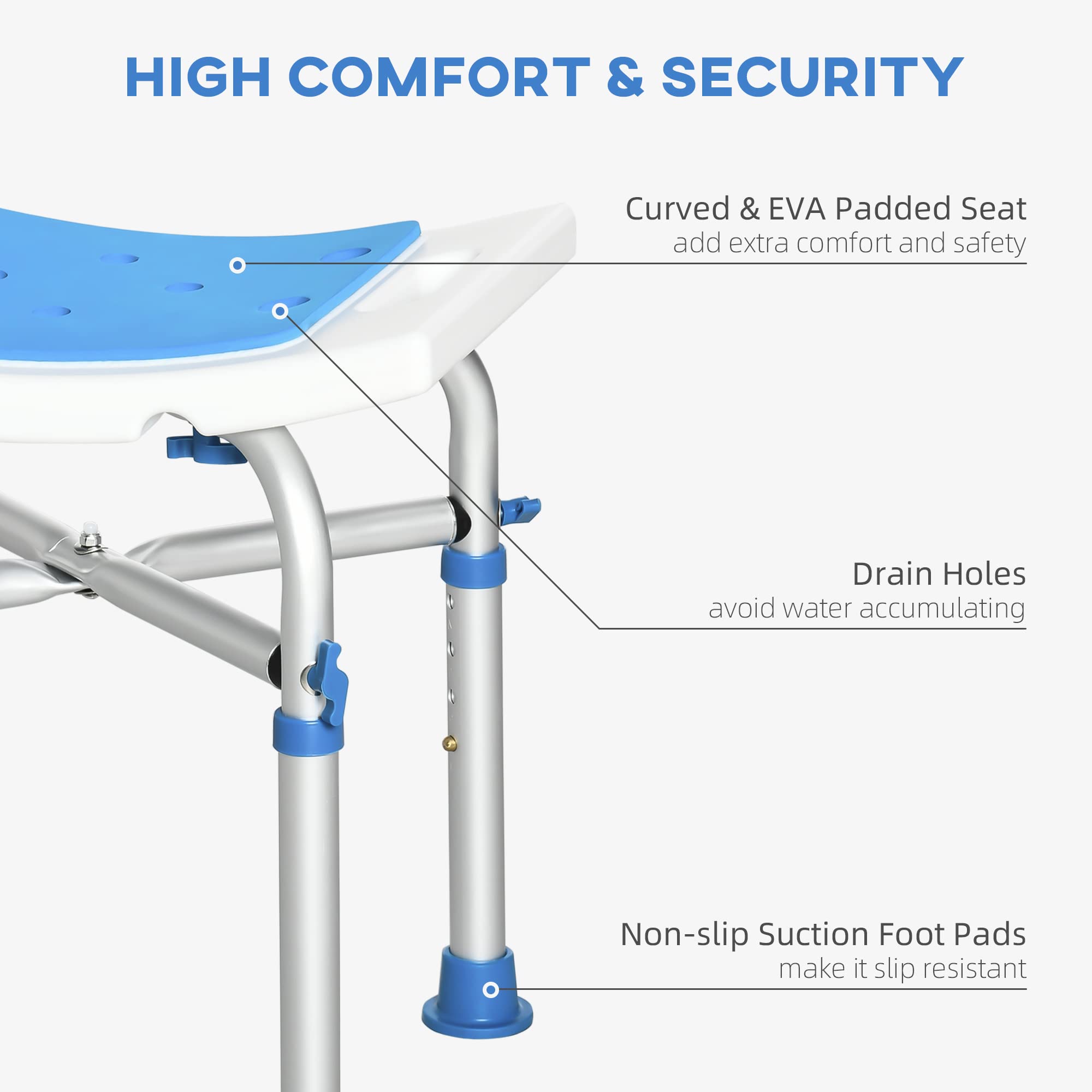 HOMCOM Silla de Ducha para Ancianos y discapacitados, Taburete de Ducha Acolchado Ajustable con asa integrada y Almohadillas Antideslizantes con ventosas, Color Azul