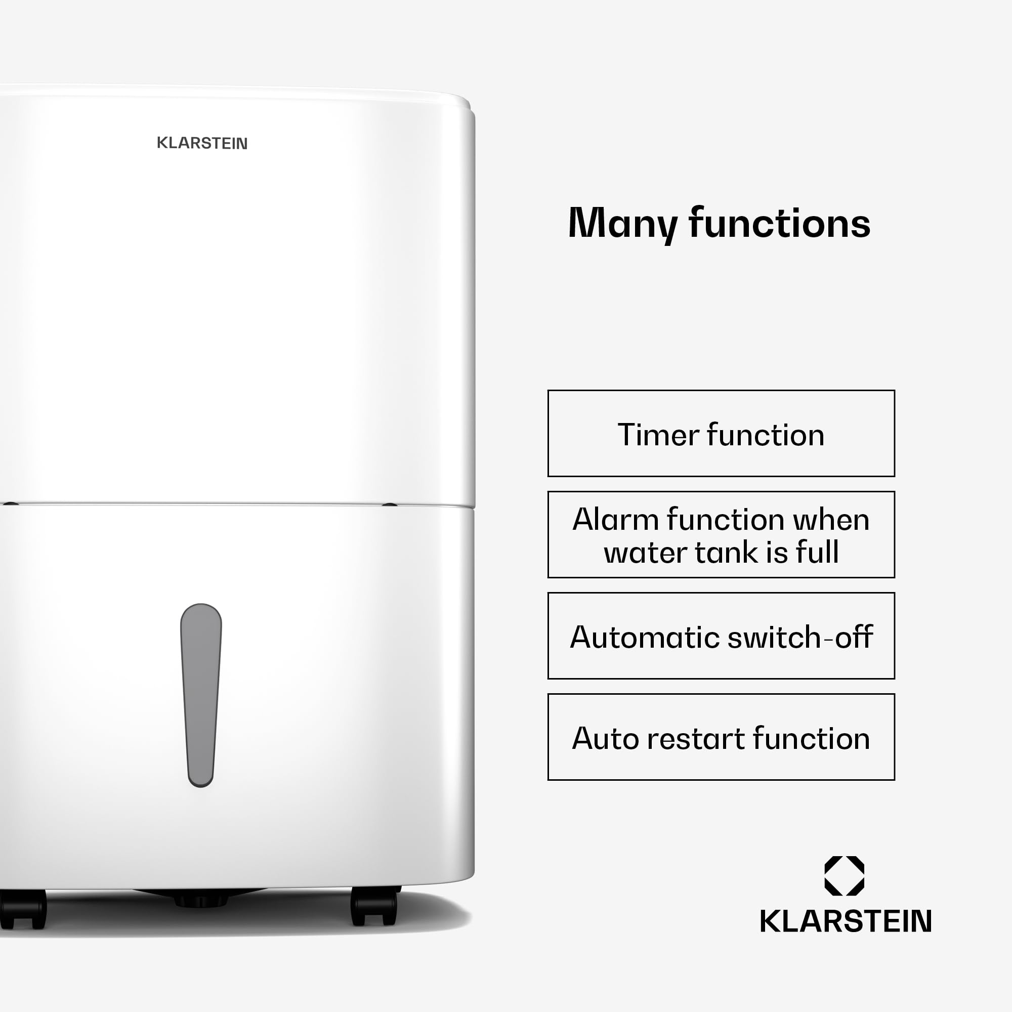 Osuszacz powietrza Klarstein DryFy 20L - 400 W, 20 l/dzień, zbiornik 5 l, poziom hałasu 46 dB, automatyczne osuszanie, tryb suszenia prania, timer, do domu, sypialni, biały