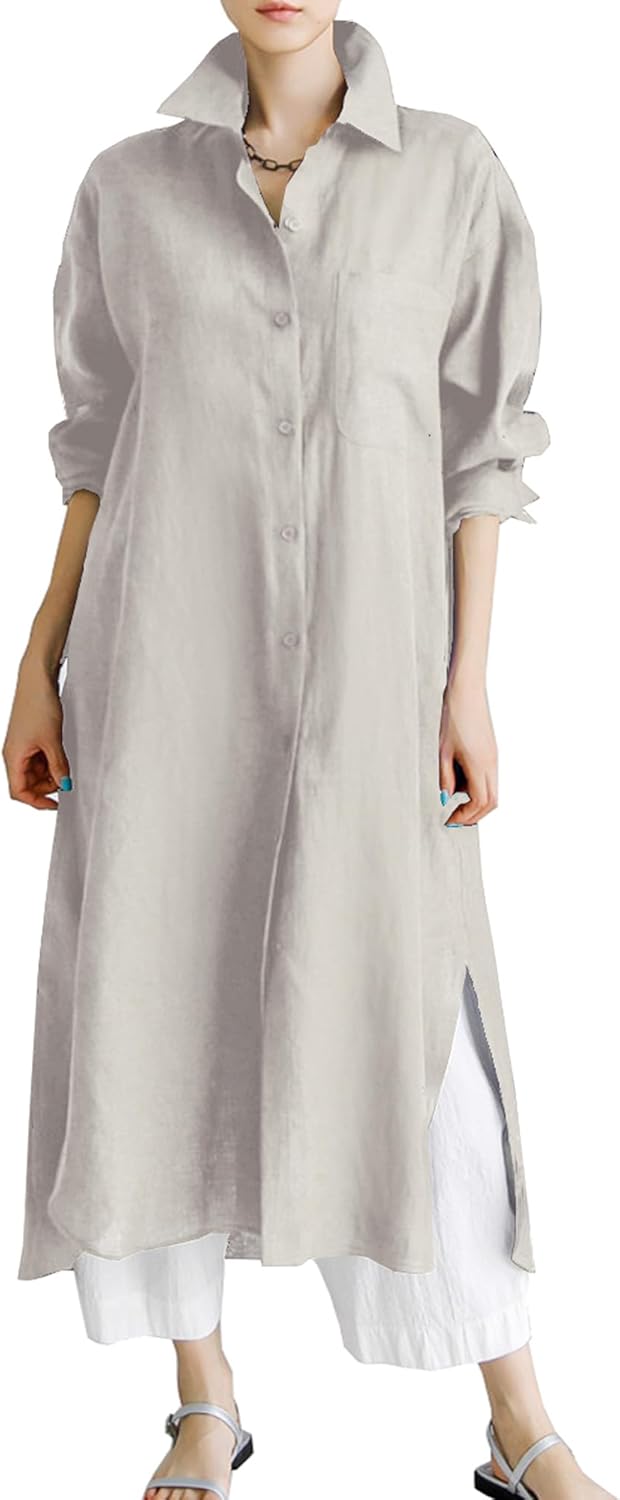 Women's Long Sleeve Side Split Button Down Loose Cotton Maxi Shirt Dress