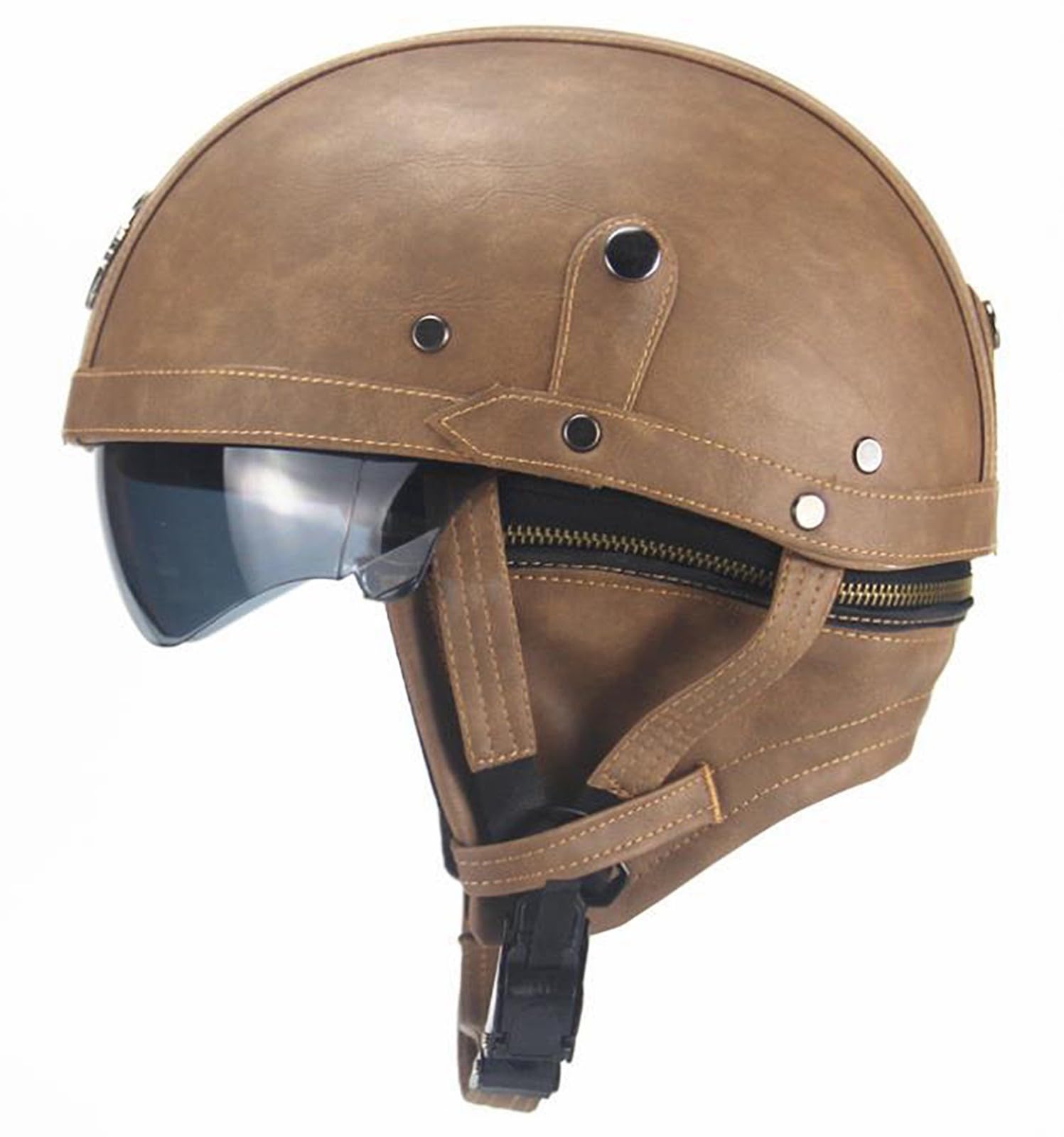 Deutsche Leder Motorrad Halbhelme Retro Halbschalenhelm Jet Helm Mit Visier Schnellverschluss Schnalle Für Cruiser Chopper Biker Moped DOT/ECE-Zulassung