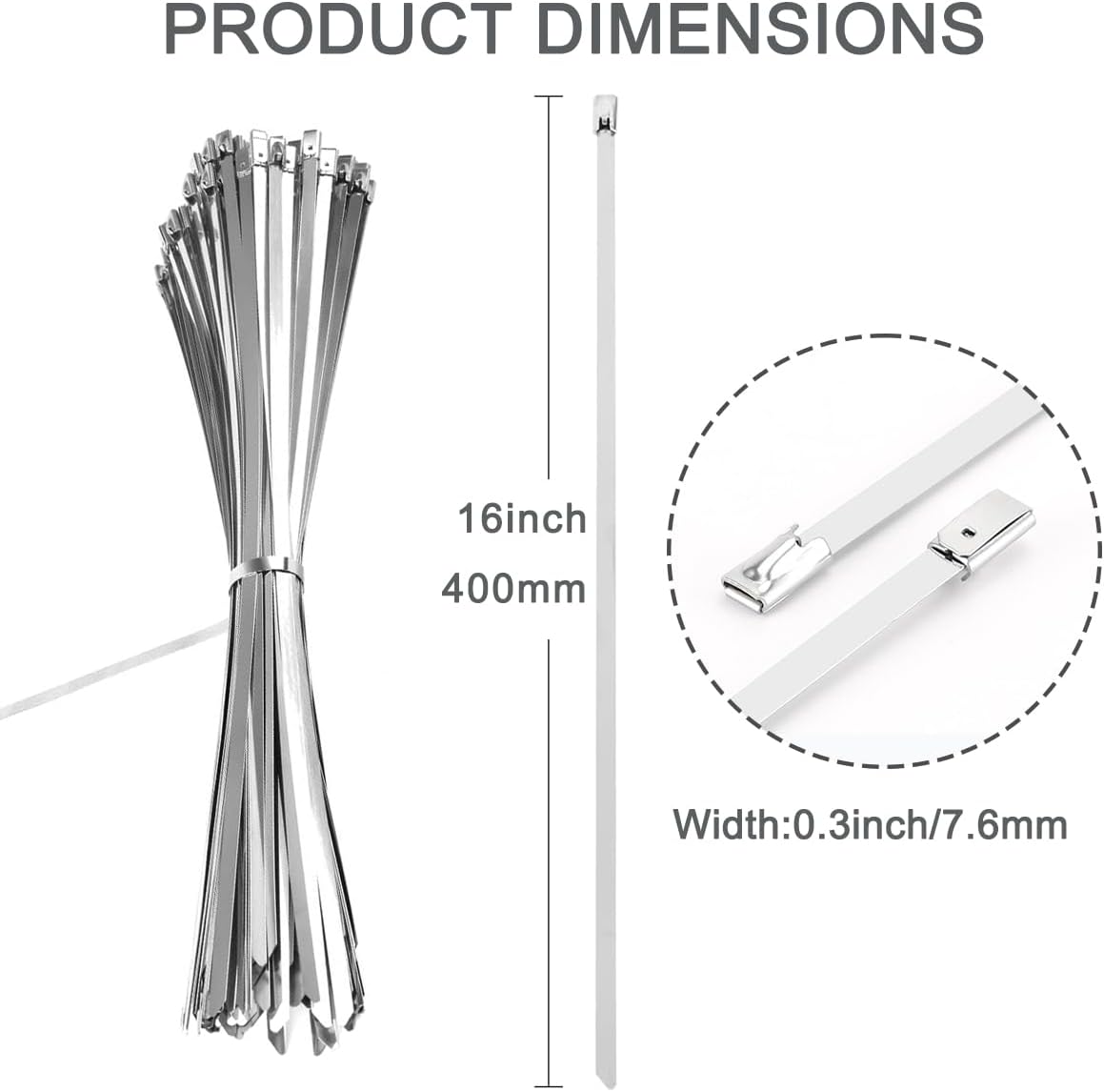 50PCS 16" Heavy Duty 304 Stainless Steel Zip Ties 220LBS Tensile, 0.3" Width, Self Locking?Metal Cable Zip Ties for Exhaust Wrap, Fencing, Pipes & Outdoor Use