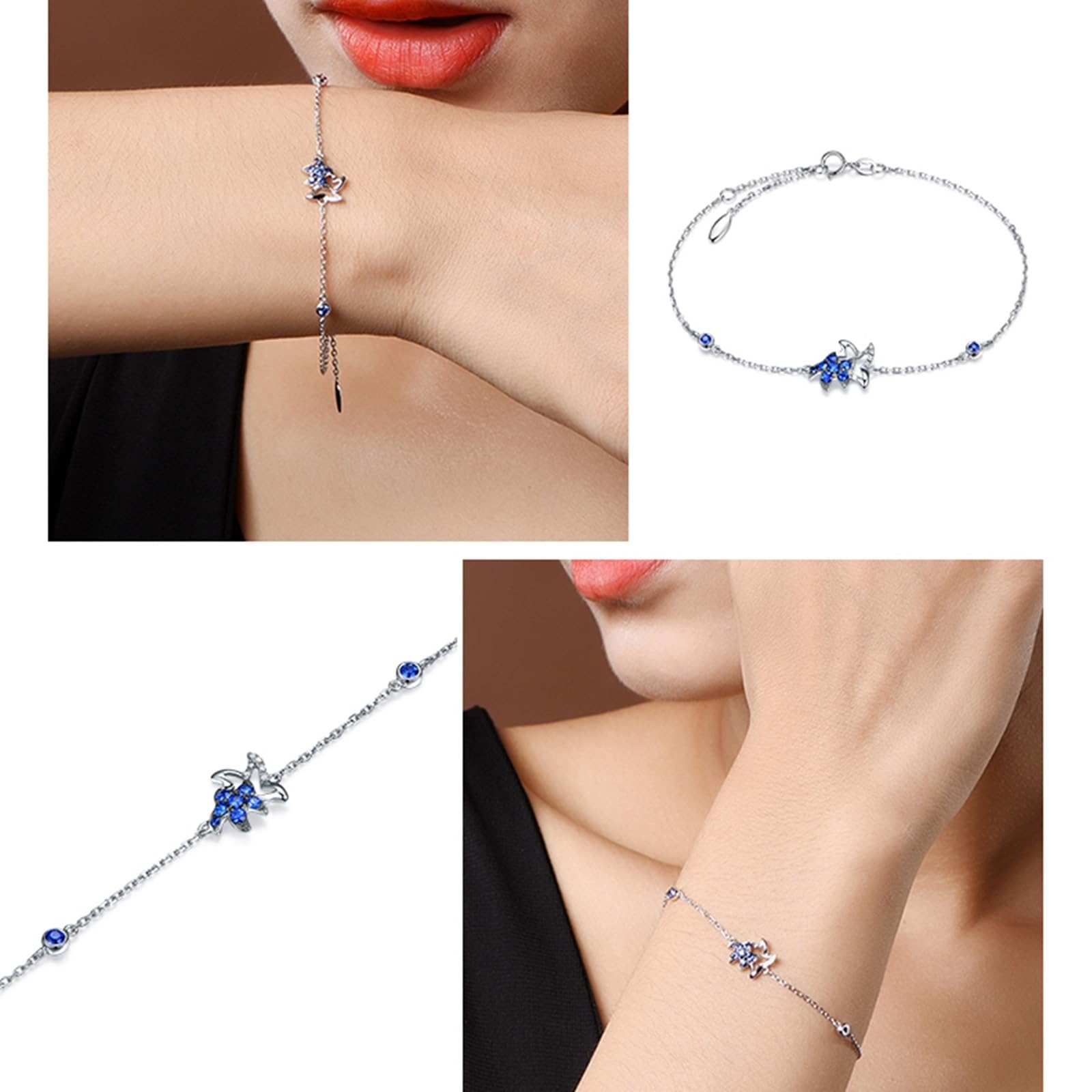 Bracciale Oro Bianco Donna 750/585/375, Bracciale Donna Zaffiro Sintetico 0.32ct 16-18 cm Estensione 4 cm con Moissanite, Braccialetti da Sposa Matrimonio