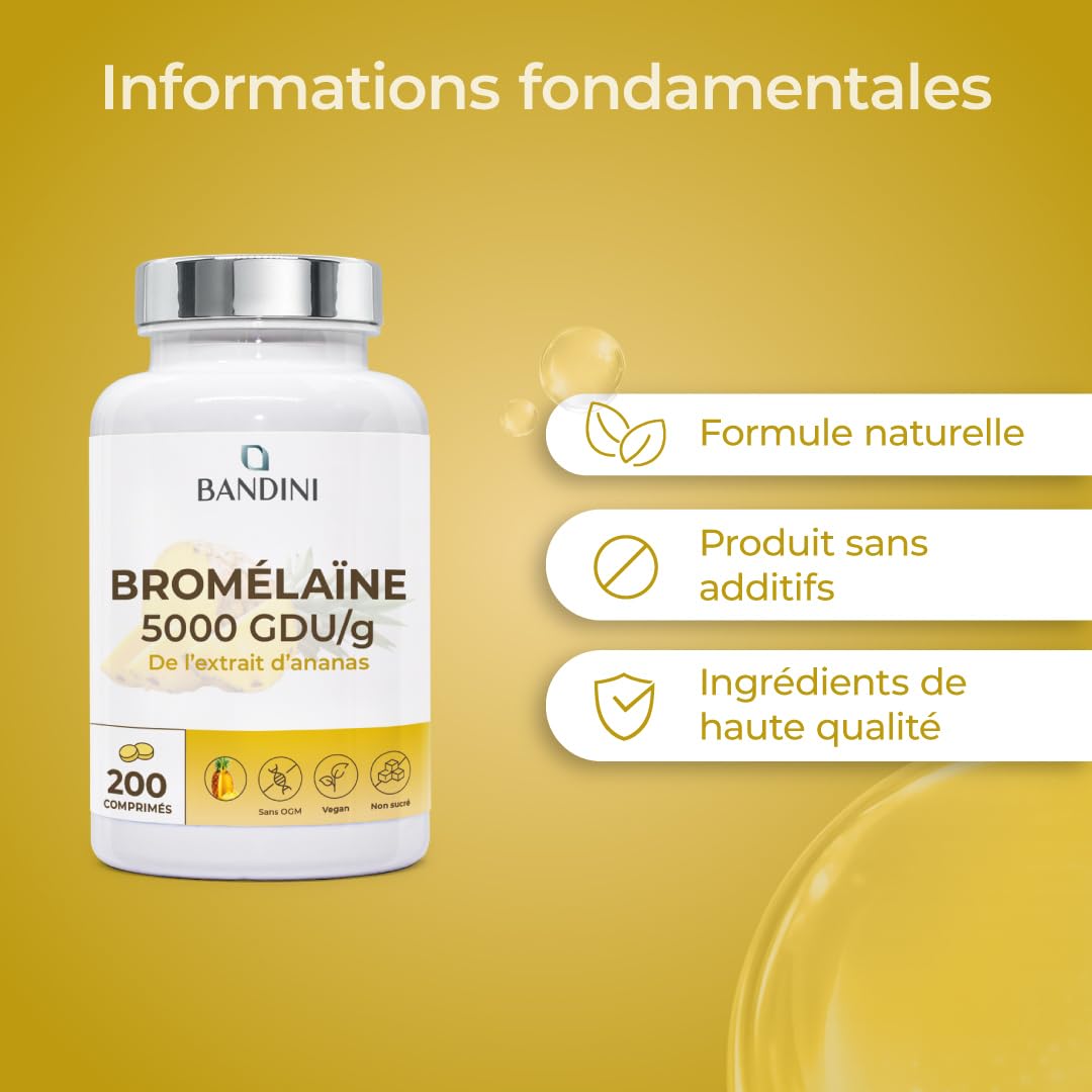 Bandini® Bromélaïne Forte 5000 GDU/g 200 Comprimés Gastro-résistants - Enzyme digestif - Extrait d'ananas - Broméline Strong, pure, hautement dosée, haute absorption, Produit en Italie, 100% Végan