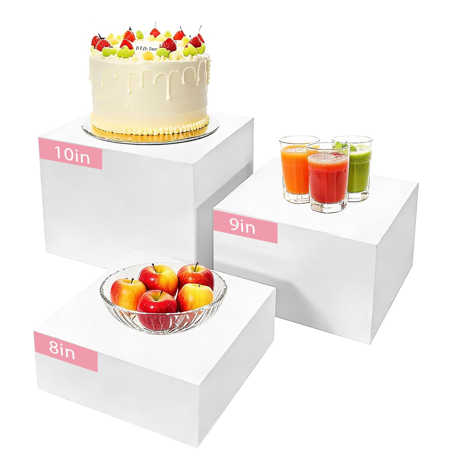 3pcs buffet risers, food risers for buffet table, display stand shelf for party catering dessert jewelry collectibles , different size white acrylic cube boxes nesting risers food display with hollow bottoms (3pack square, 8''9''10'')