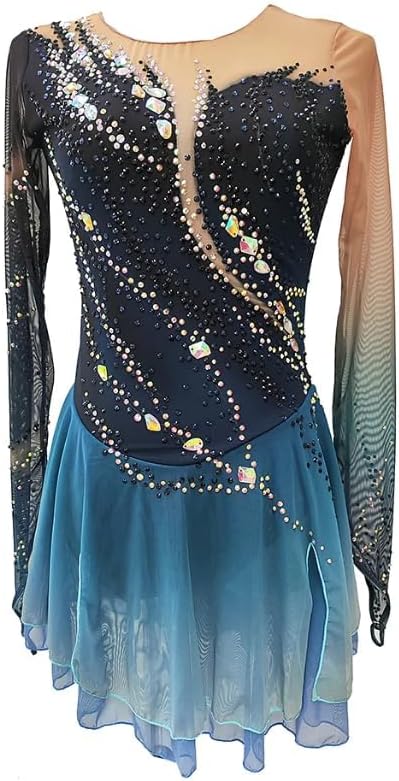 Figure Skating Dress,Girls Dark Blue Thumbhole Halo Dyeing Rhinestone Skating Performance Competition Wear Costume